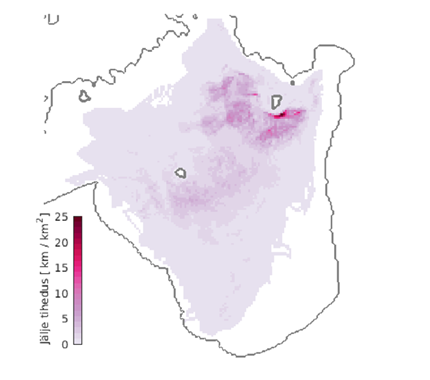 Map showing the mean density of wind-farm-induced ridged ice